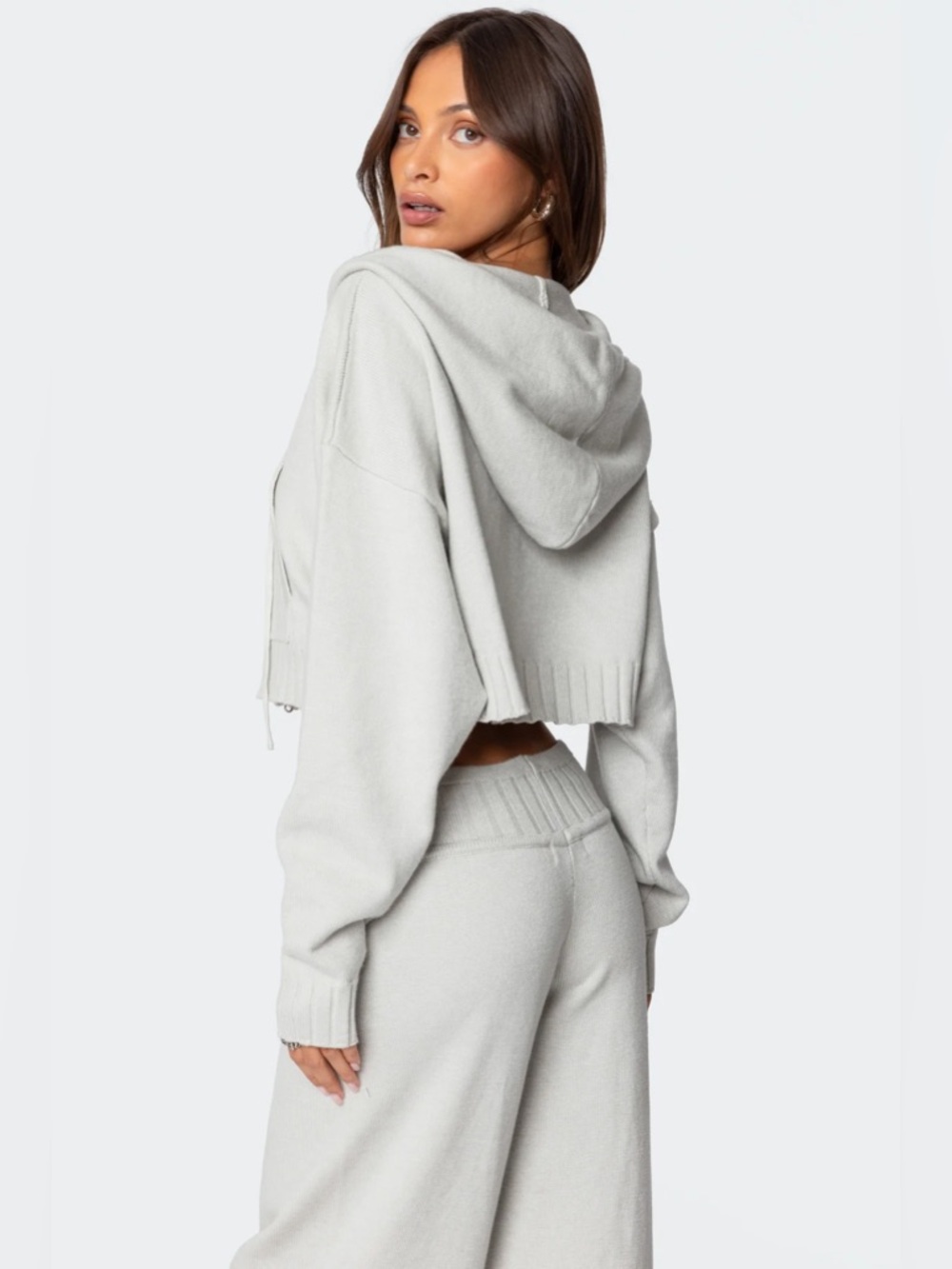 Edikted Russell Knit Hooded Cardigan Gray Cropped Zip Hoodie XS NWT - Picture 5 of 7